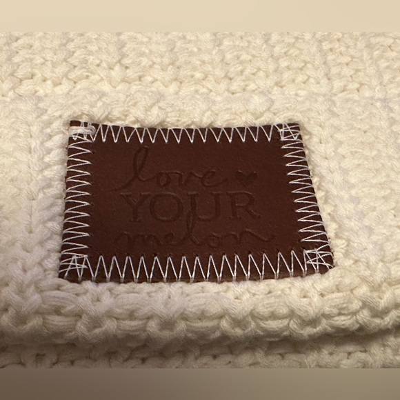 White Love Your Melon cuffed beanie with brown patch. - Picture 5 of 6